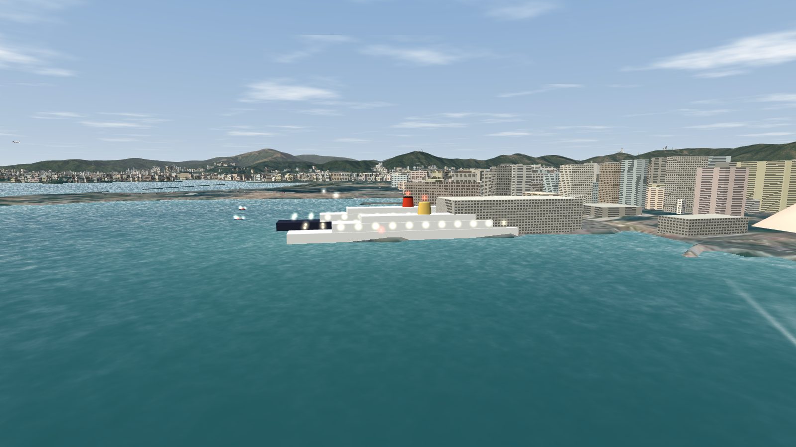 An ocean liner alongside Ocean Terminal.