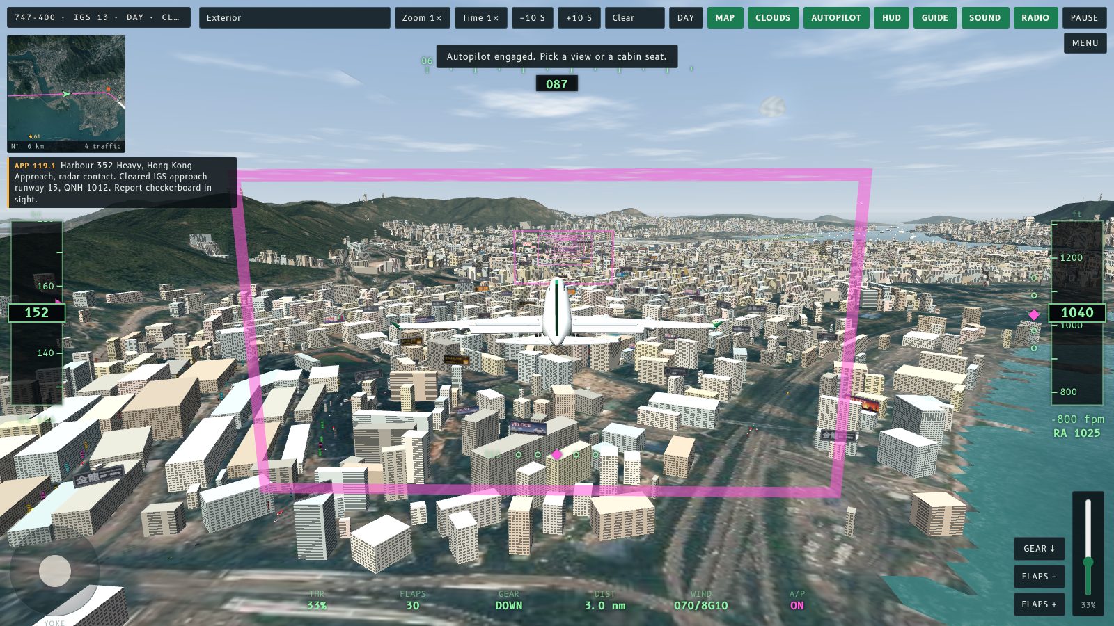 The 747 on the IGS approach over Kowloon, with the corner map showing another aircraft in amber with its altitude.