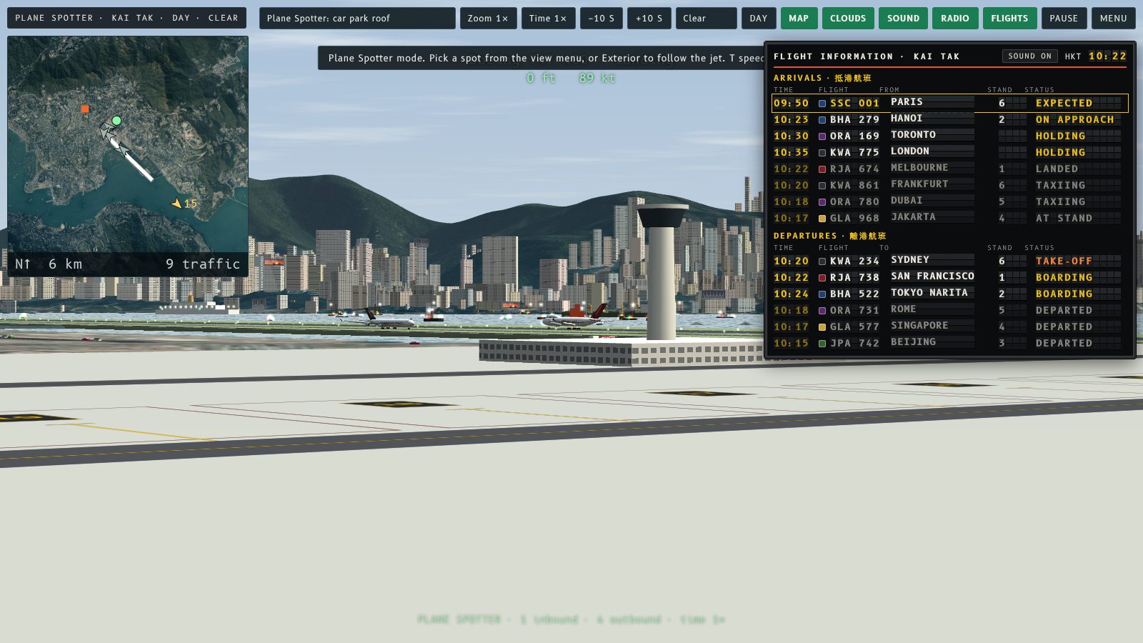 Plane Spotter on the car park roof, with the larger map showing the airport traffic and the spectator position.