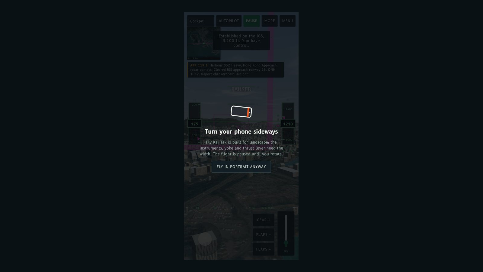 A phone in portrait showing the Turn your phone sideways prompt over a paused flight.