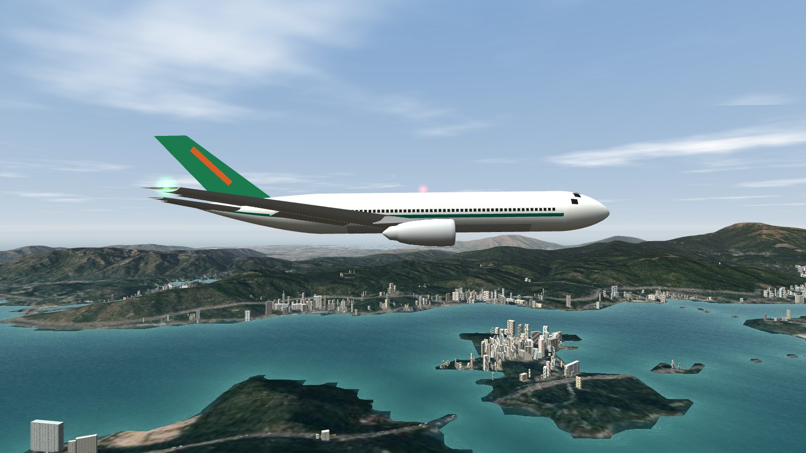 The new 777-200 in side view, with a thin tapered wing, a shaped engine and a row of individual windows.