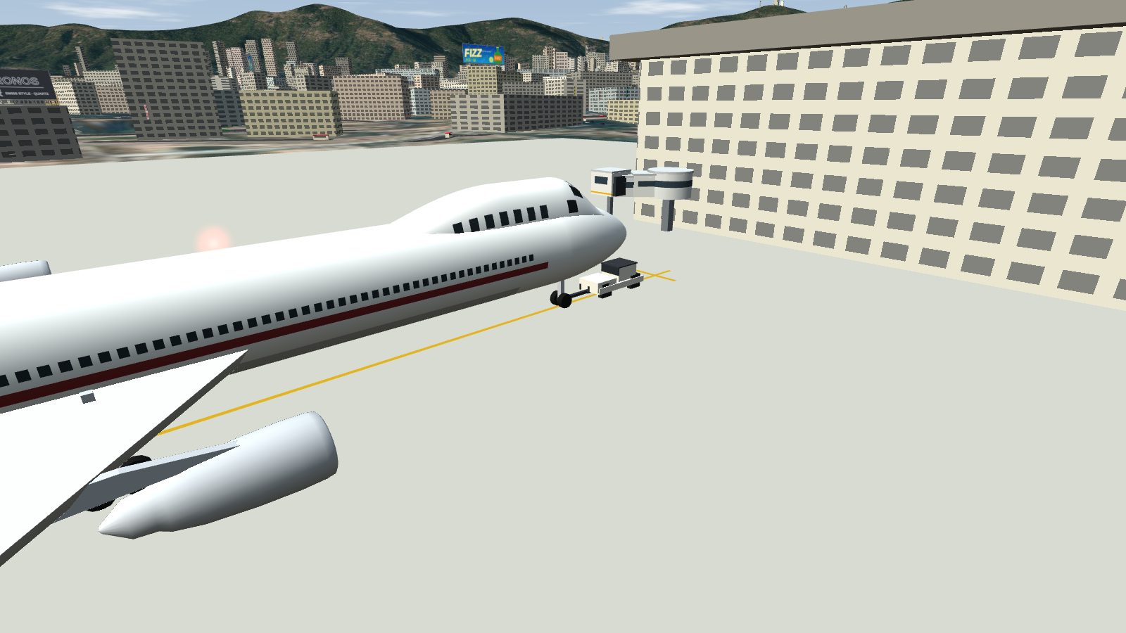 A pushback tug at the nose gear of a 747, starting to push it back from the bridge.