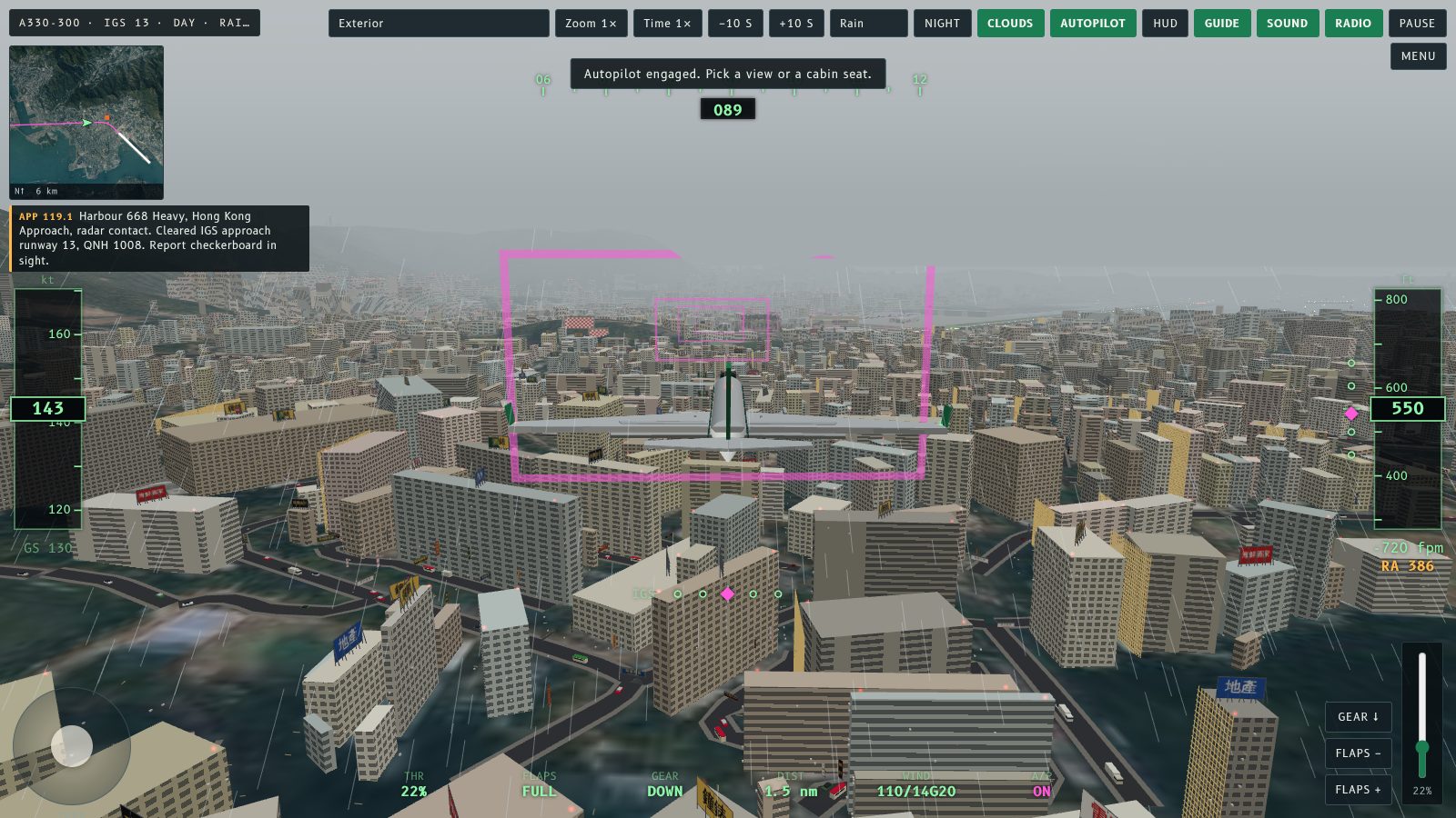 An A330 on approach over Kowloon in rain, with the checkerboard visible ahead inside the magenta guide gates.