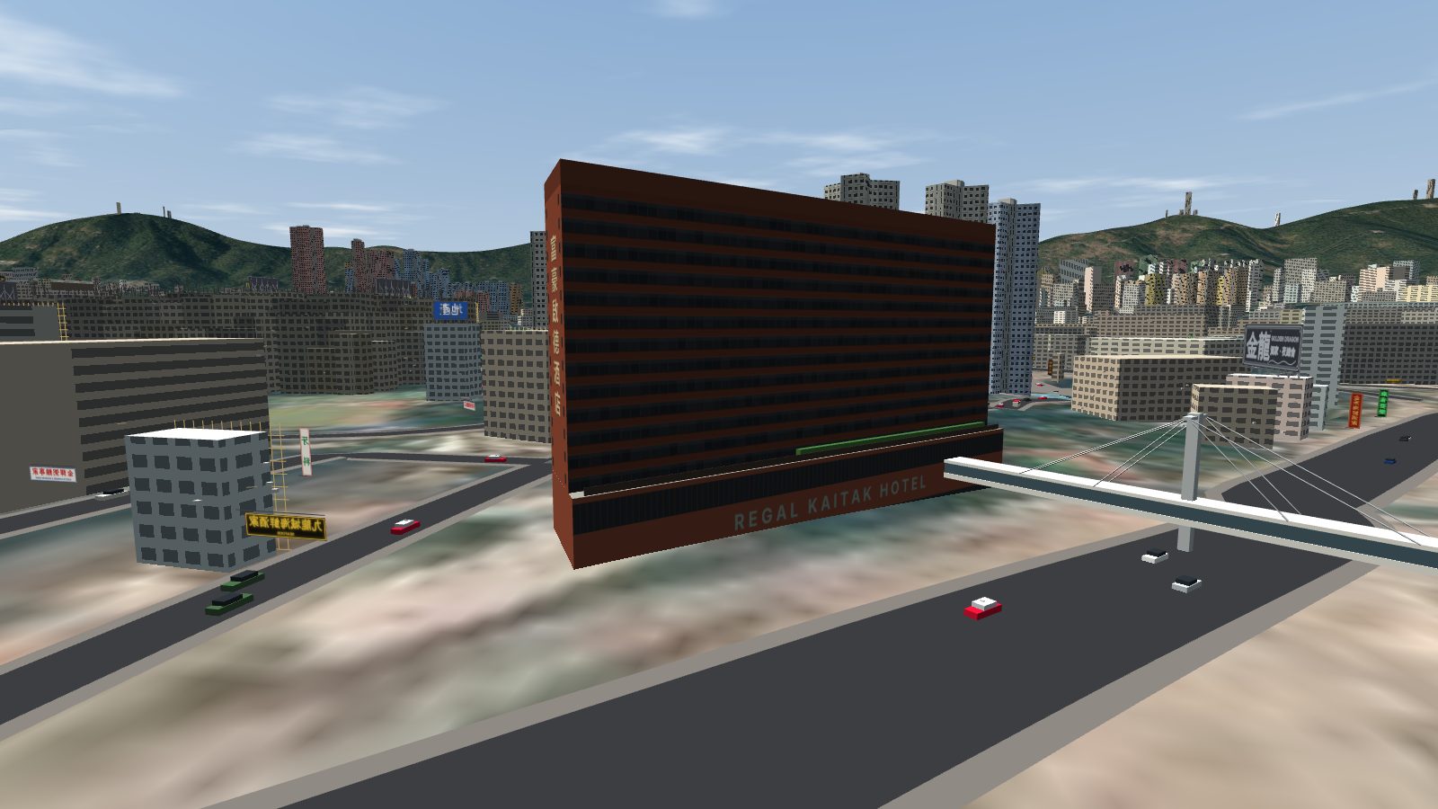 A long dark hotel slab of glass and brown bands on a brick podium, its brick end wall carrying vertical Chinese characters, a footbridge leaving over the road.