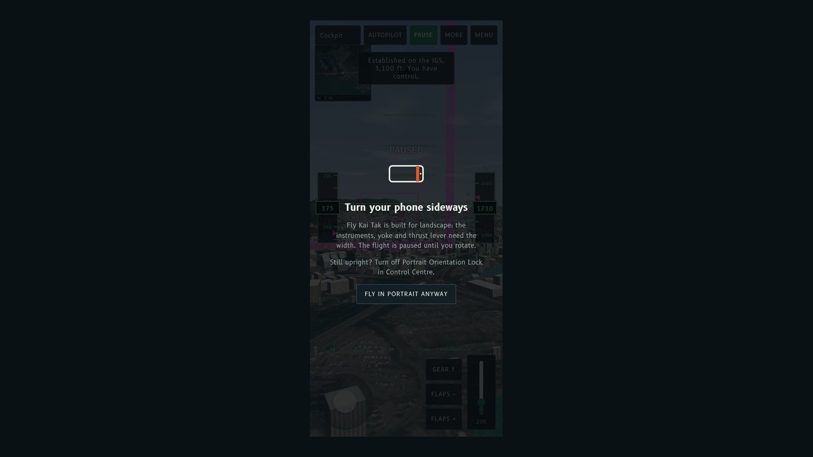 A phone in portrait showing the Turn your phone sideways prompt with a hint about Portrait Orientation Lock.