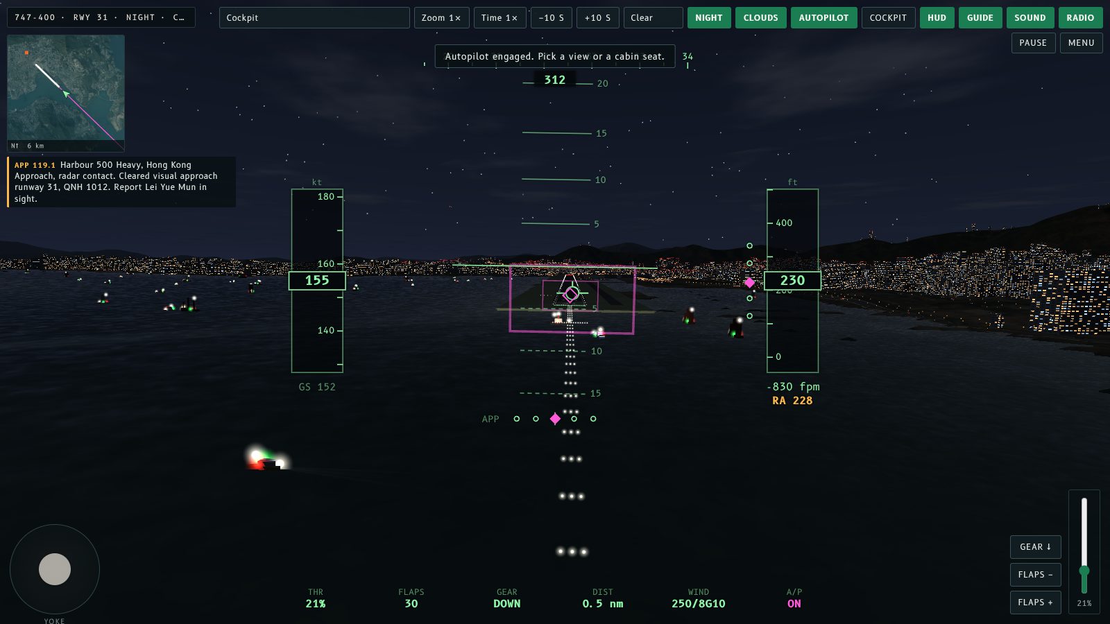 Night final approach to Runway 31 with the approach lights over the water and the runway lights ahead.