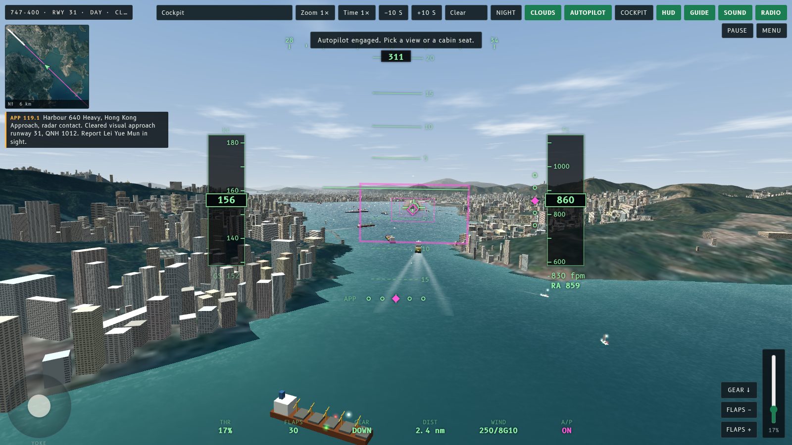 Approach to Runway 31 by day, with the Lei Yue Mun gap between two hills ahead and the runway beyond Kowloon Bay.