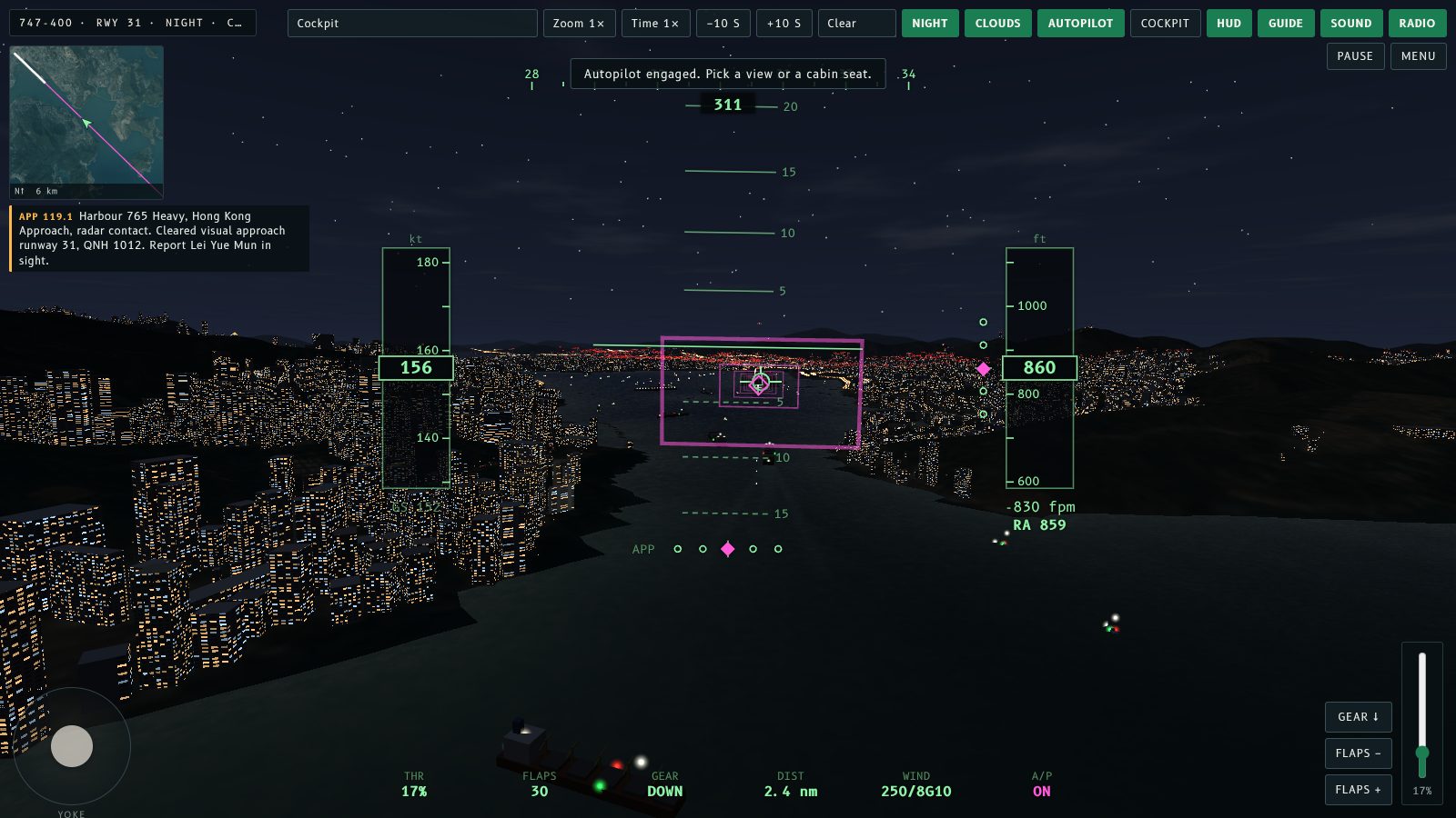 Night approach to Runway 31 through the Lei Yue Mun gap, with city lights on both sides and the runway lights ahead.