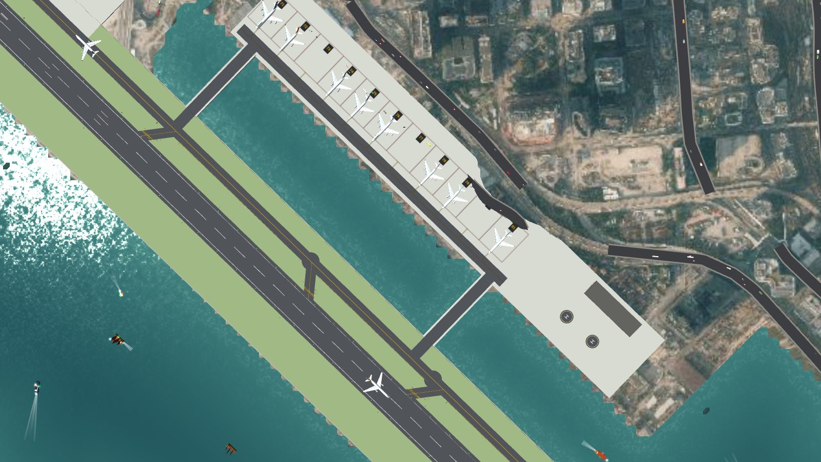 A long south apron with parked aircraft beside the water inlet, two taxiway bridges and two helipads.