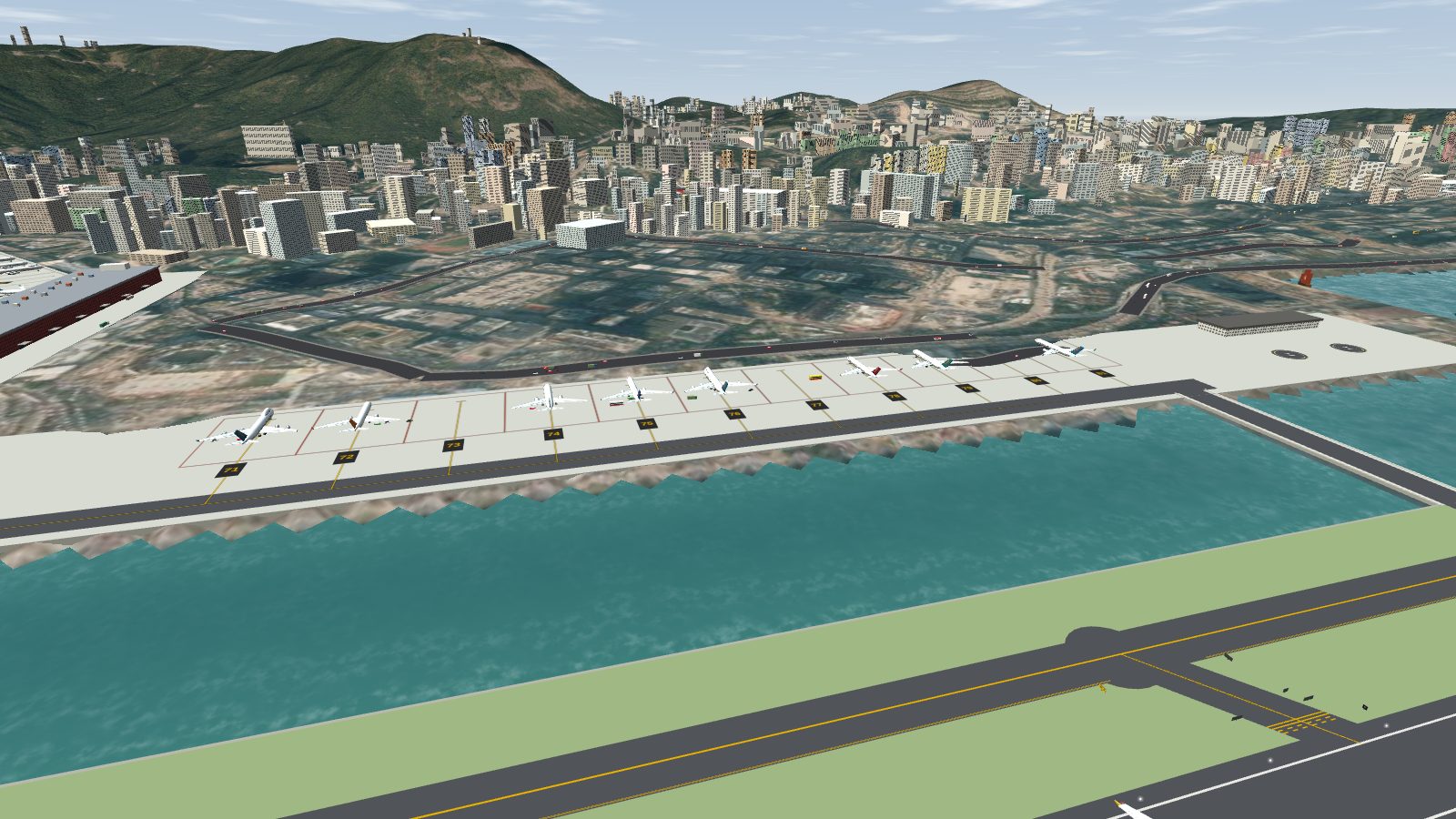 The south apron across the water inlet, with aircraft parked nose-in toward the far edge and their tails to taxiway B4.