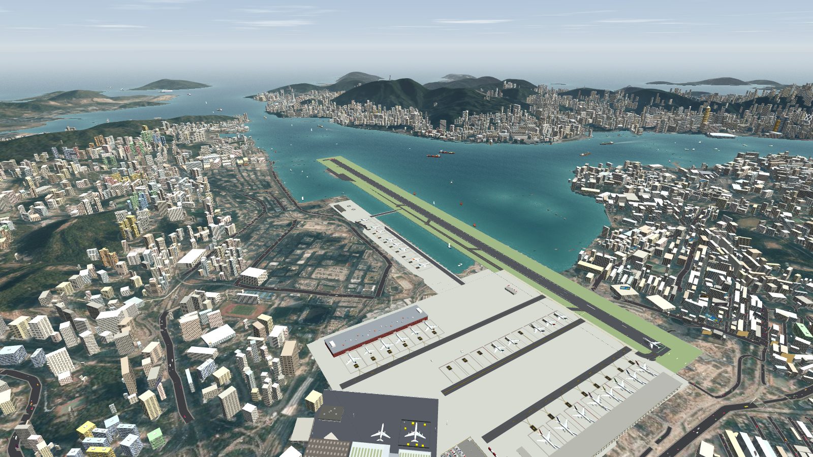 Kai Tak from above: the main apron running on into the south apron, with the inlet beside the runway.