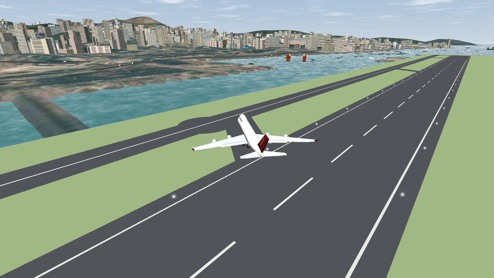 A 747 turning off Runway 13 onto a link taxiway, with taxiway A and the green grass on either side.