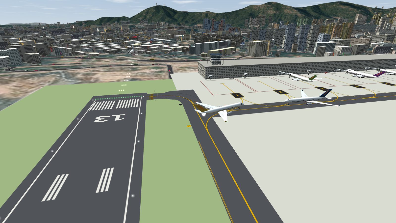 Two airliners taxiing along taxiway A beside the Runway 13 threshold, well apart, with the terminal stands behind.