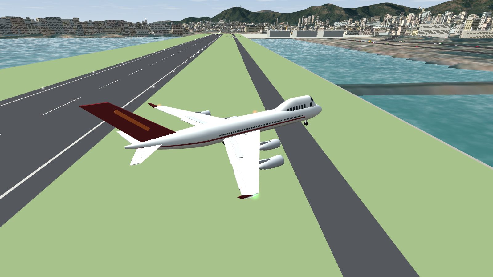 A 747 seen from above and behind, curving through a turn on the taxiway beside the runway.