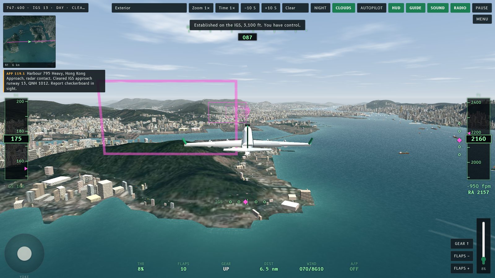 The 747 on the IGS approach, with the round on-screen yoke in the bottom left corner.