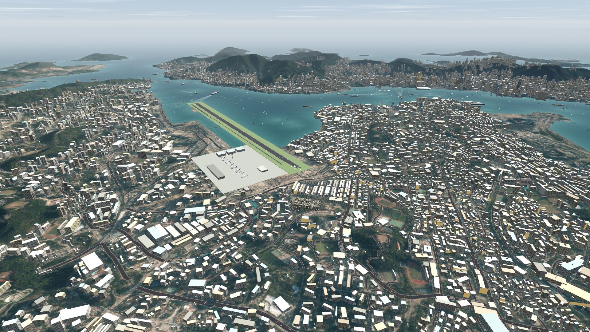 Aerial view of Kai Tak's runway, apron and the surrounding Kowloon neighbourhoods and harbour.